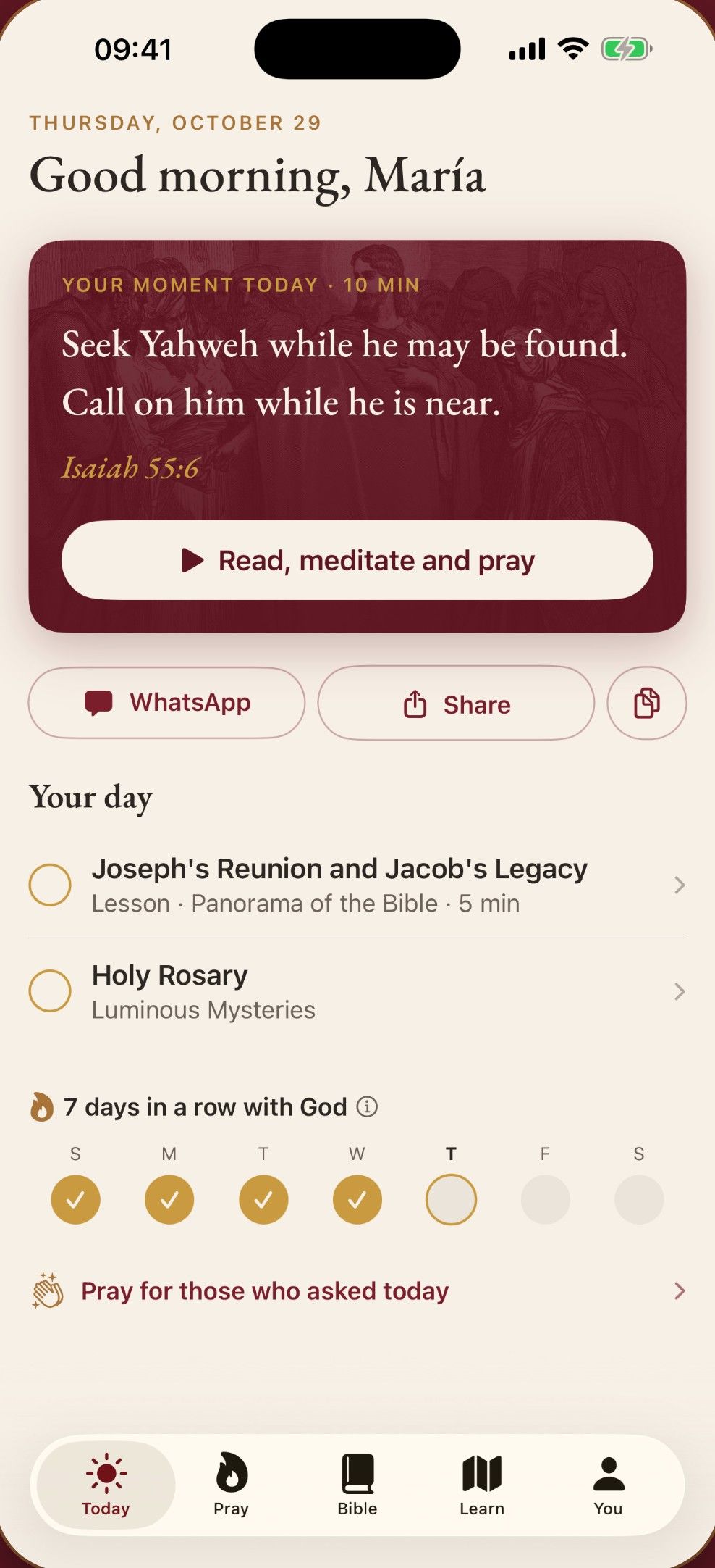 Prayority Today screen: greeting, verse of the day and the “Your day” checklist with a lesson and the Holy Rosary