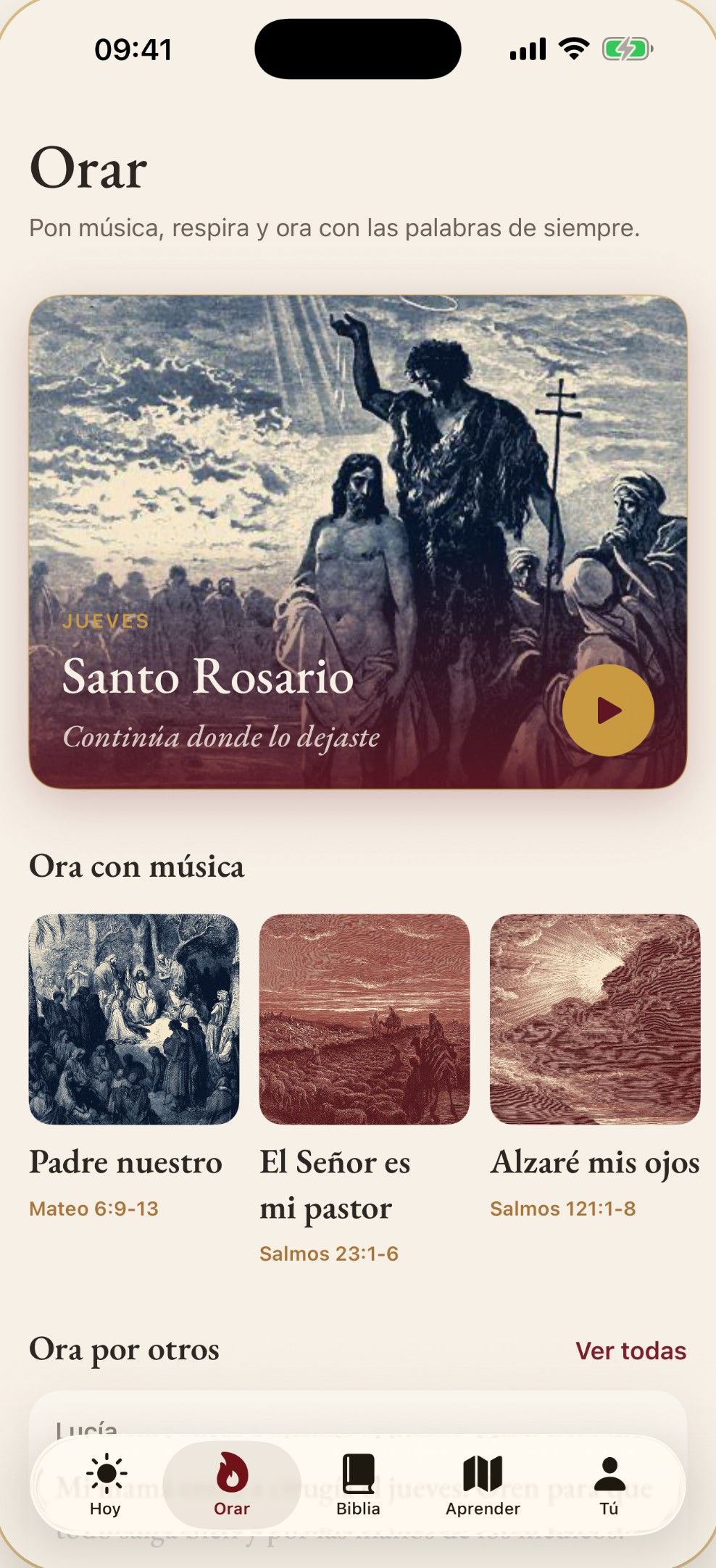 Pestaña Orar: el Santo Rosario y oraciones con música sacra como el Padre nuestro y el Salmo 23