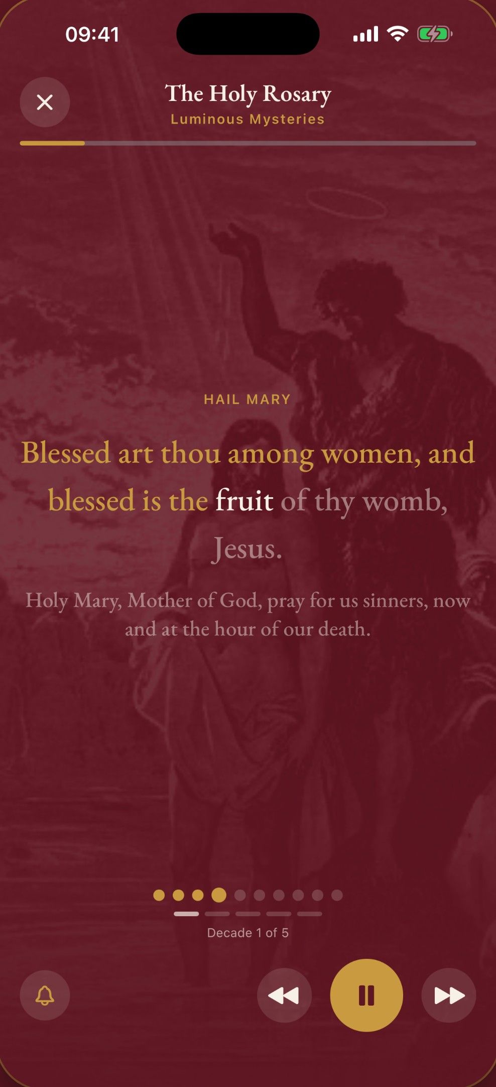 Guided Holy Rosary: the Hail Mary lights up word by word as the beads advance