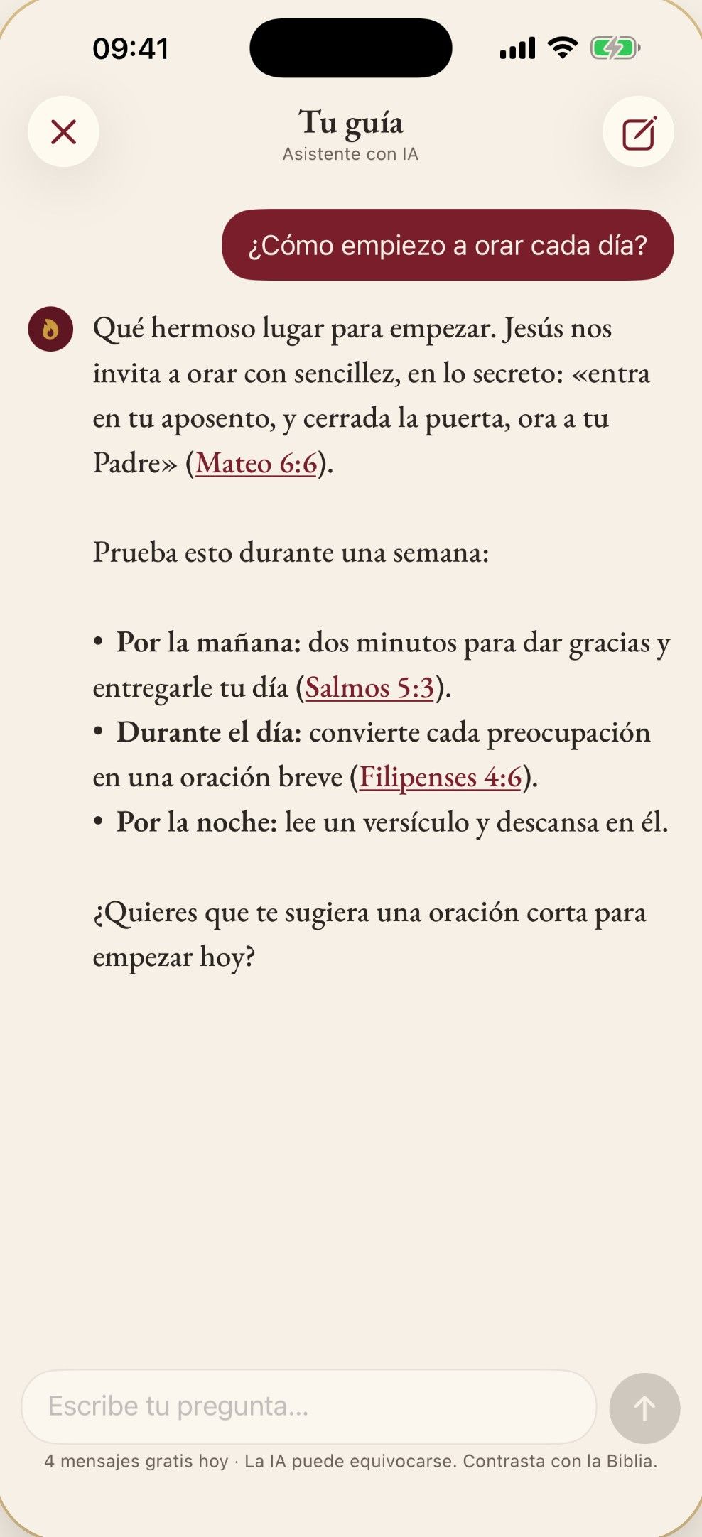 Guía bíblica con IA respondiendo «¿Cómo empiezo a orar cada día?» con citas como Mateo 6:6