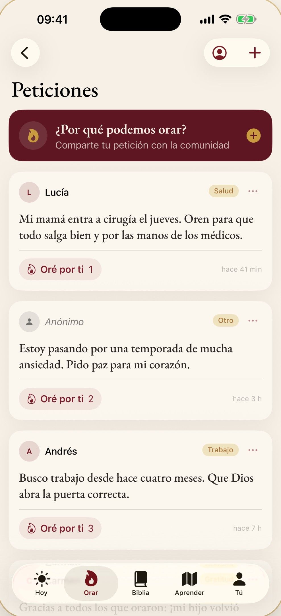 Muro de oración: peticiones de la comunidad con el botón «Oré por ti»