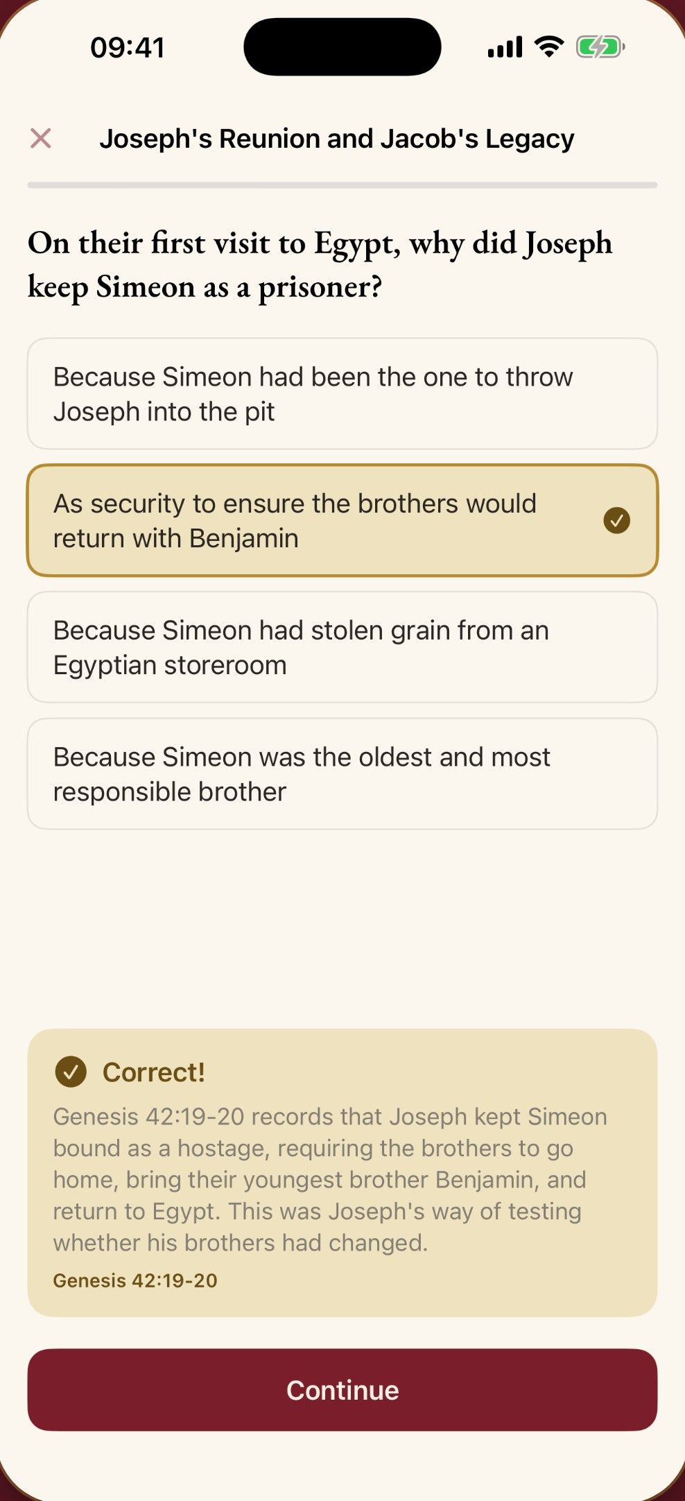 Bible lesson: a multiple-choice question with the explanation and the verse